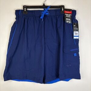 Speedo Mens XL Swim Trunks Navy Blue Water Repellent UPF 50+ Cargo Pocket
